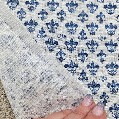 100% LINEN Fabric Fleur de lis print,  linen fabric with blue french print, heavy linen fabric for upholstery home decor 360