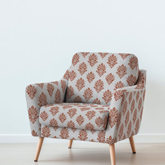 100% LINEN Fabric UPHOLSTERY 12oz - red paisley block print - oatmeal linen fabric with floral print  - Modern Vintage upholstery 2316