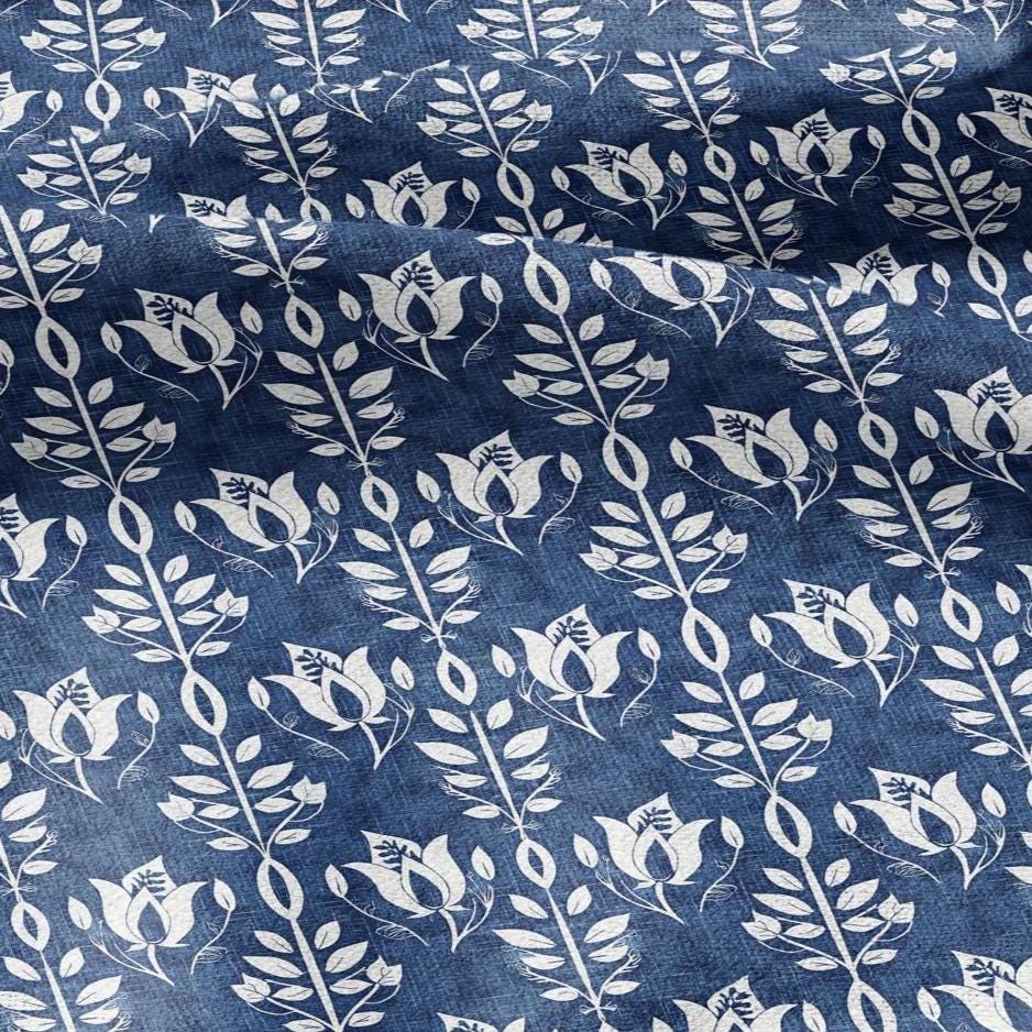 100% LINEN Fabric stripe Tulips floral print linen - blue linen botanical fabric for upholstery home decor dress making