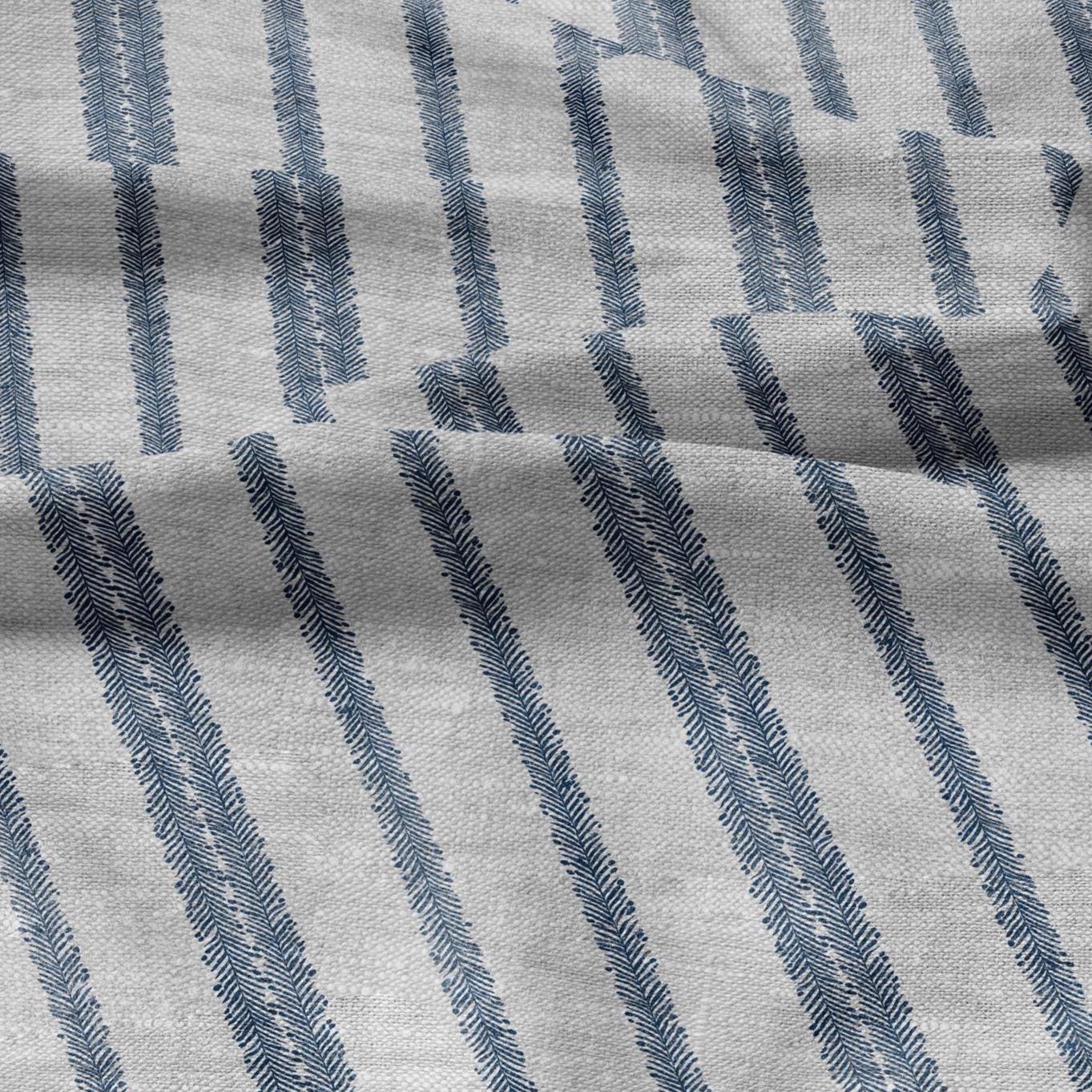 100% LINEN Fabric block print stripe floral blue green on grey - oatmeal linen fabric with botanical print for upholstery home decor 3089