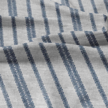 100% LINEN Fabric block print stripe floral blue green on grey - oatmeal linen fabric with botanical print for upholstery home decor 3089