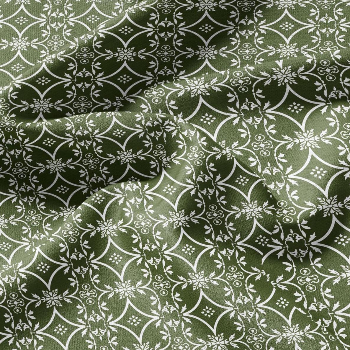 100% LINEN Fabric green floral print - geometric block print -  2874