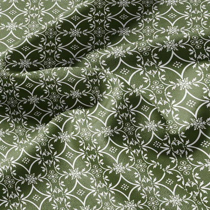 100% LINEN Fabric green floral print - geometric block print -  2874
