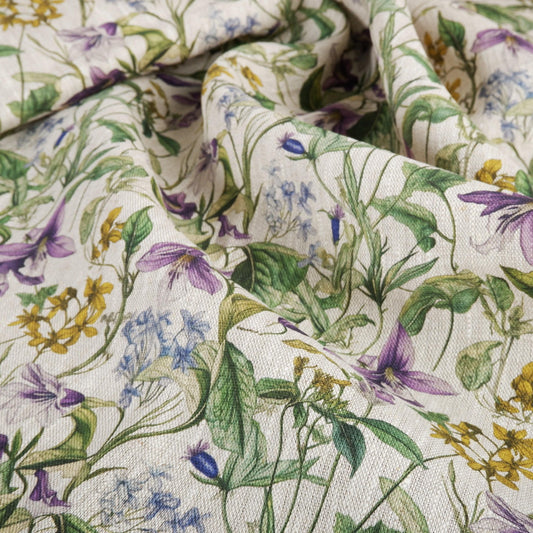 100% LINEN Fabric floral meadow blossom print - oatmeal neutral fabric with colorful print - linen fabric upholstery home decor dressmaking