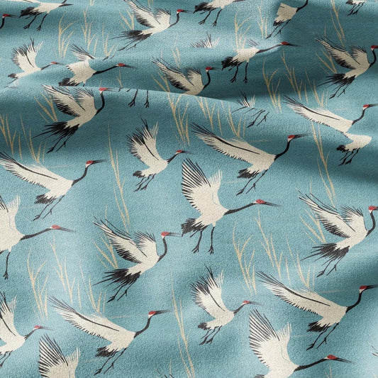 100% LINEN Fabric Cranes print - animal linen fabric with bird print for upholstery home decor curtains pillowcases dress making
