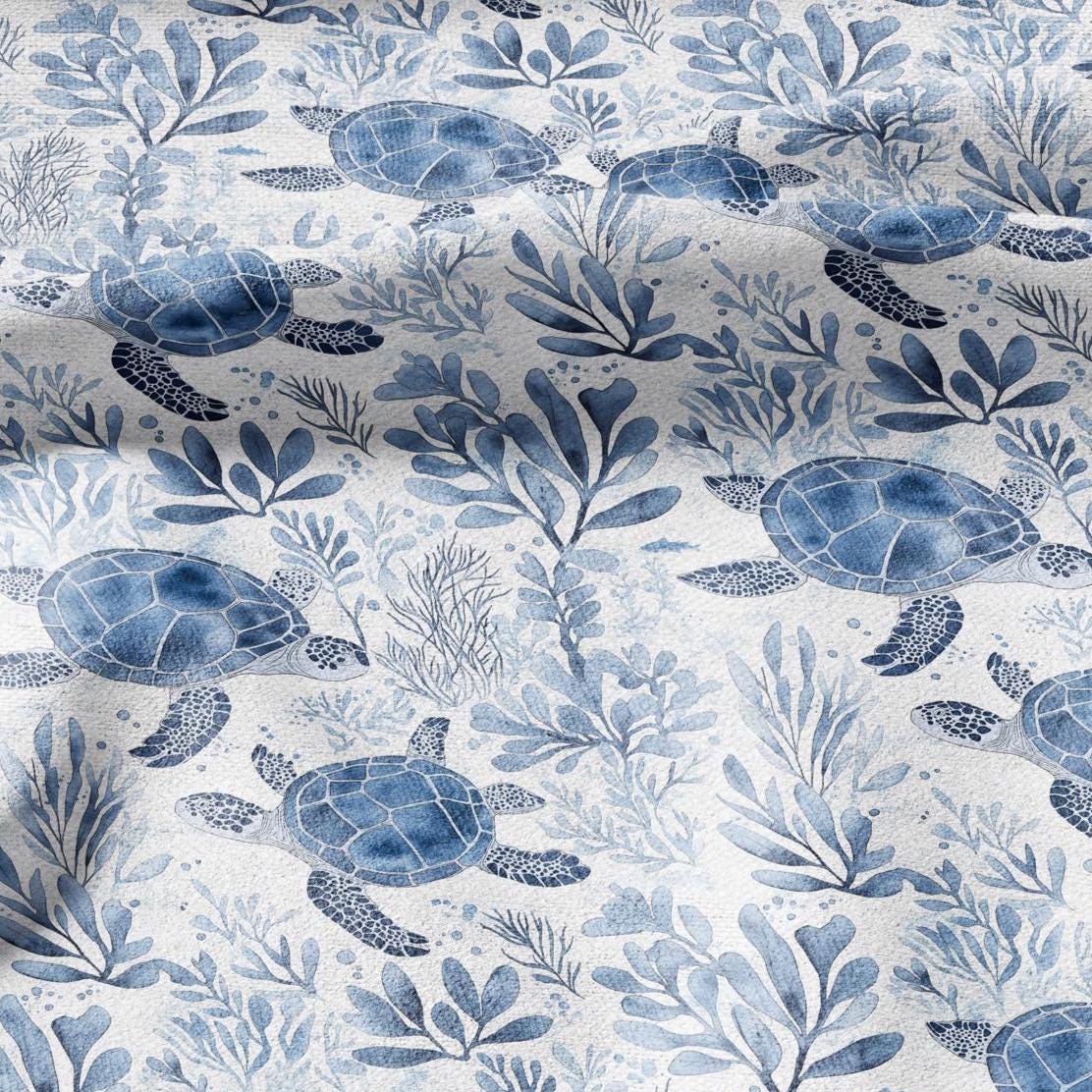 100% LINEN Fabric Toile de Jouy TURTLE in the see - white fabric with blue print heavy linen for upholstery or medium for dress making