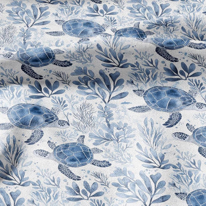 100% LINEN Fabric Toile de Jouy TURTLE in the see - white fabric with blue print heavy linen for upholstery or medium for dress making