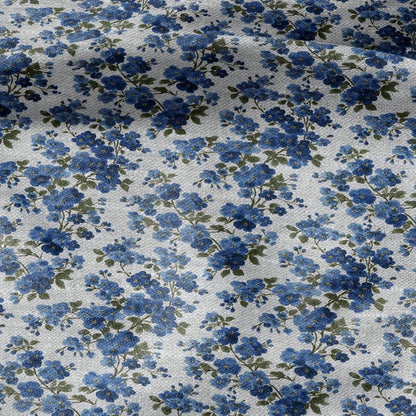 100% LINEN Fabric blue flower - forget me not floral block print on oatmeal linen  2913
