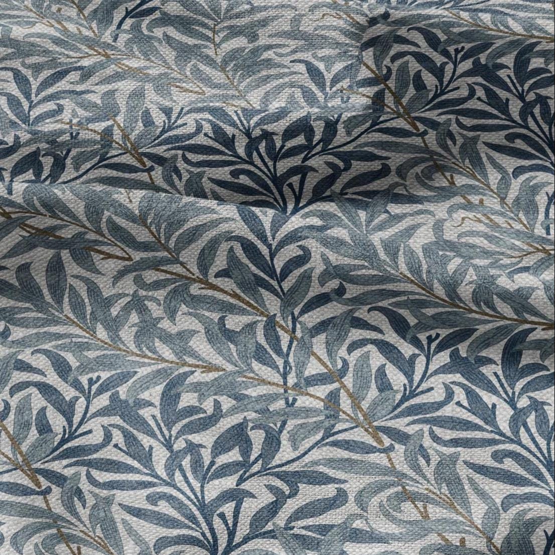 100% LINEN Fabric William Morris Bough Willow - oatmeal natur linen fabric with botanical print - Victorian Art Craft Historical blue 3195