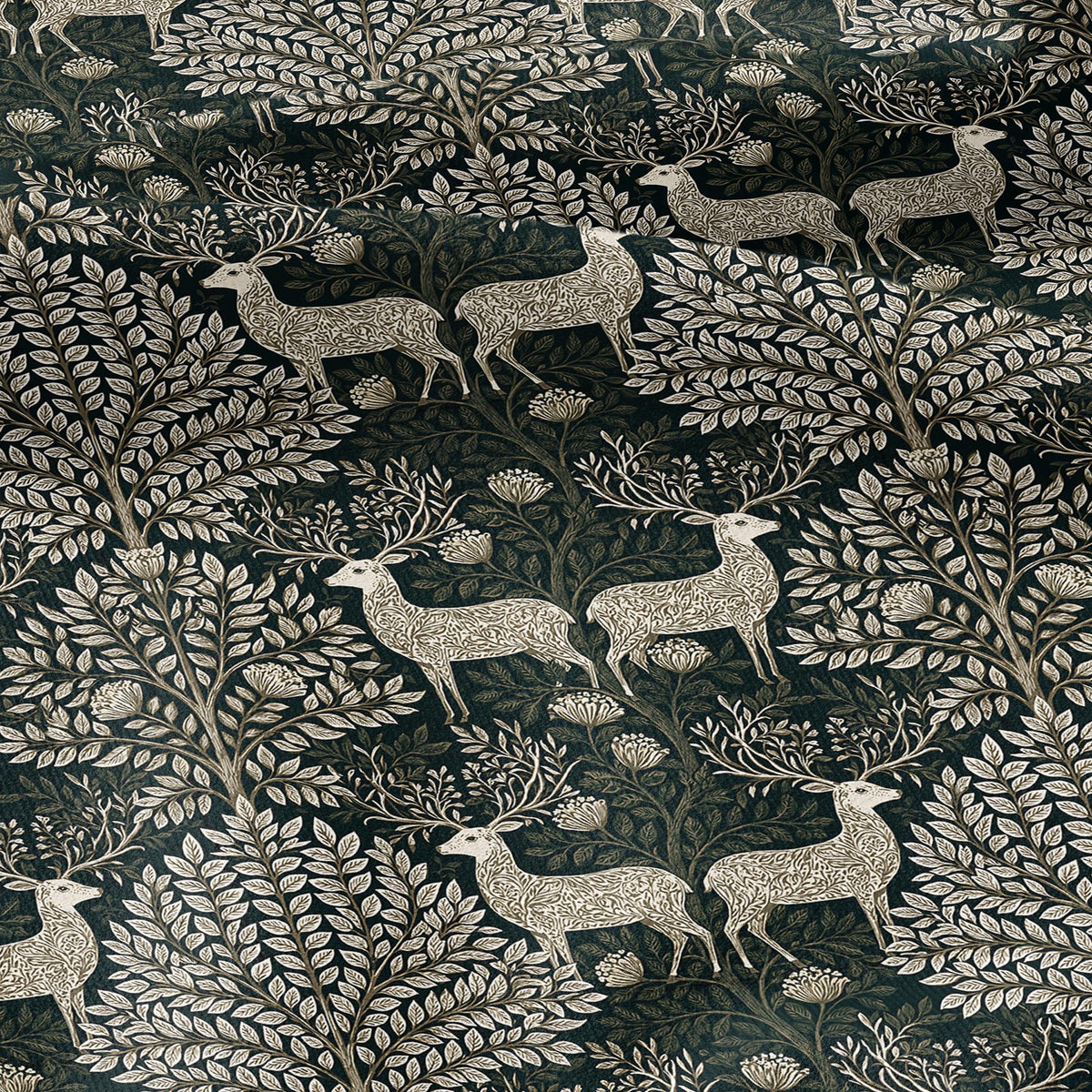 100% LINEN Fabric Woodland - Green beige floral print with Reindeer Neutral Fabric by the Yard by LithuanianLinen 3872