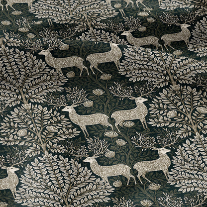100% LINEN Fabric Woodland - Green beige floral print with Reindeer Neutral Fabric by the Yard by LithuanianLinen 3872