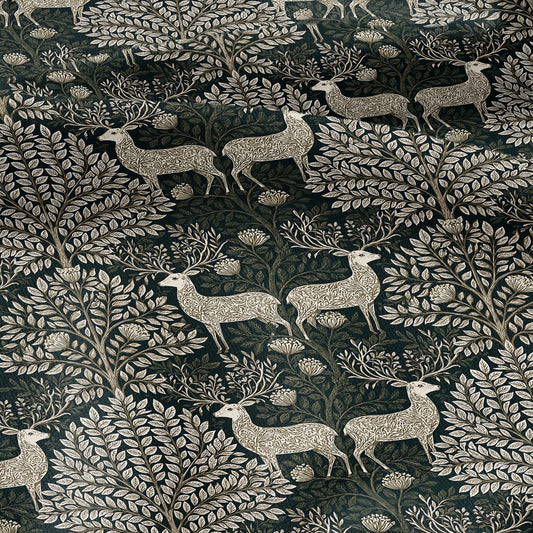 100% LINEN Fabric Woodland - Green beige floral print with Reindeer Neutral Fabric by the Yard by LithuanianLinen 3872
