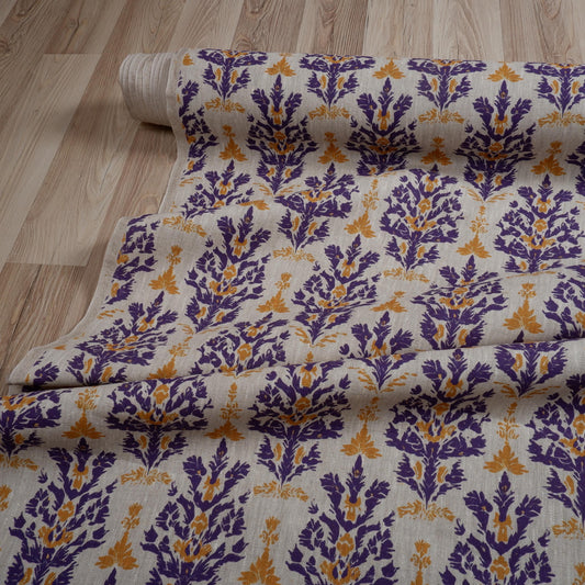 100% LINEN Fabric block print with purple yellow | oatmeal linen fabric with floral print | linen fabric for upholstery home decor
