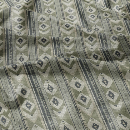 100% LINEN Fabric Western Abstract in pale green - tribal green print on linen print upholstery curtains dress making