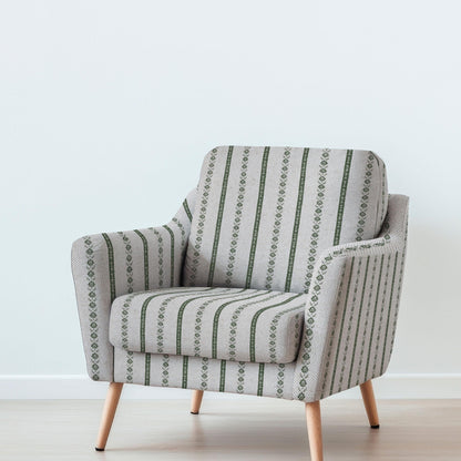 100% LINEN Fabric UPHOLSTERY 12oz - stripe block print - oatmeal linen fabric with green floral print  - Modern Vintage upholstery 2687