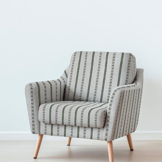 100% LINEN Fabric UPHOLSTERY 12oz - stripe block print - oatmeal linen fabric with green floral print  - Modern Vintage upholstery 2687