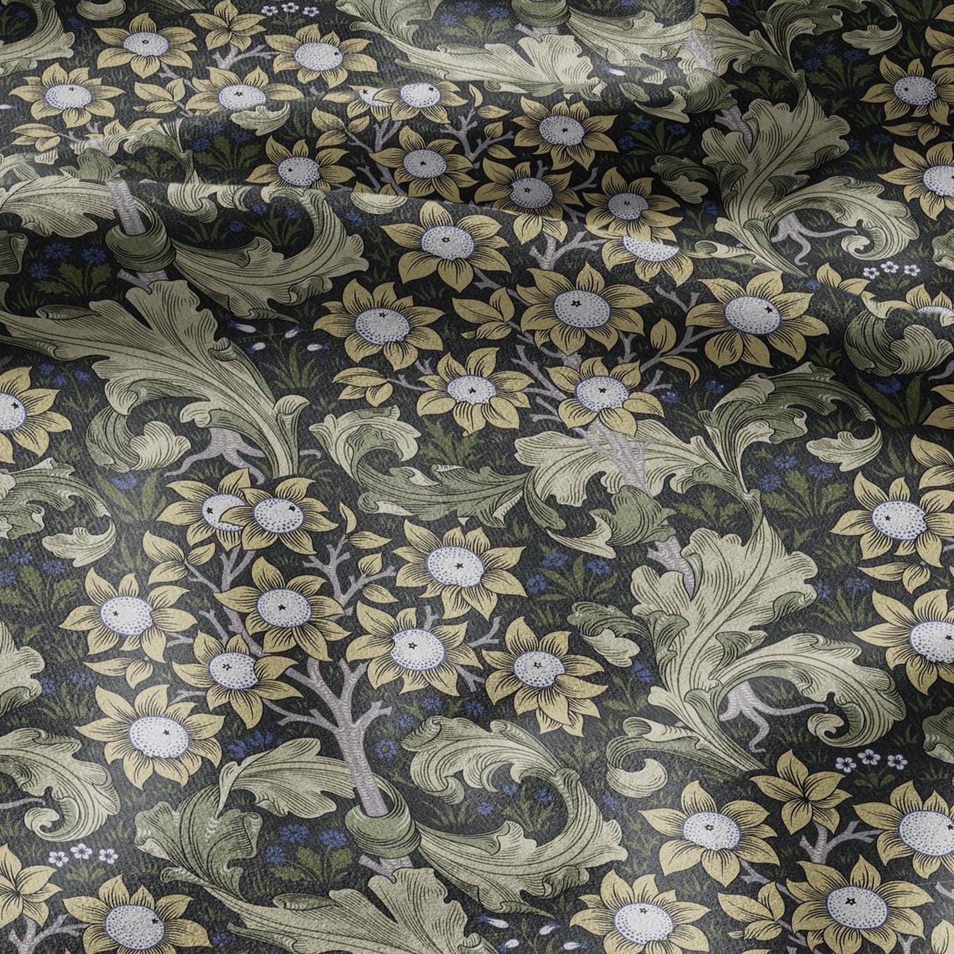 William Morris Orchard green print 100% LINEN Fabric - British linen floral upholstery home textile Victorian Orange garden 3222