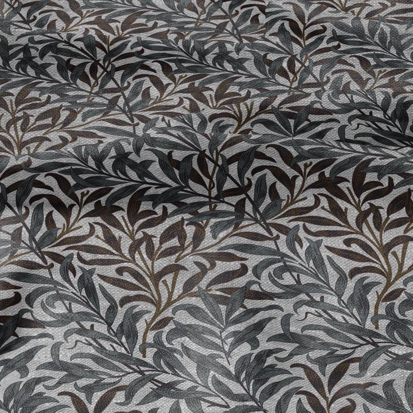 100% LINEN Fabric William Morris Bough Willow gray - oatmeal natur linen fabric with botanical print - Victorian Art Craft Historical 3174