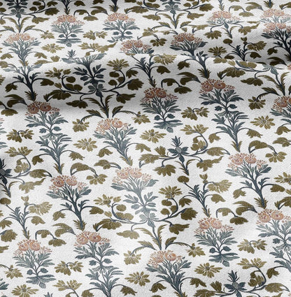 100% LINEN Fabric block print - linen fabric with blue red khaki white floral print - heavy linen fabric for upholstery home decor
