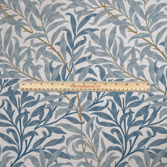 100% LINEN Fabric UPHOLSTERY 12oz - Blue leaves William Morris Bough Willow on oatmeal - Modern vintage historical British floral 2981G
