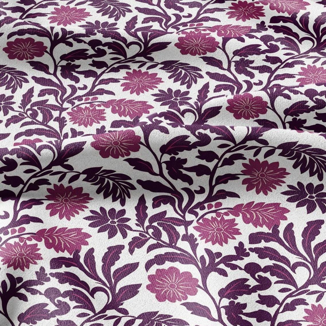 100% LINEN Fabric Purple floral block print on white - heavy linen fabric for upholstery home decor or medium for dress making 2372