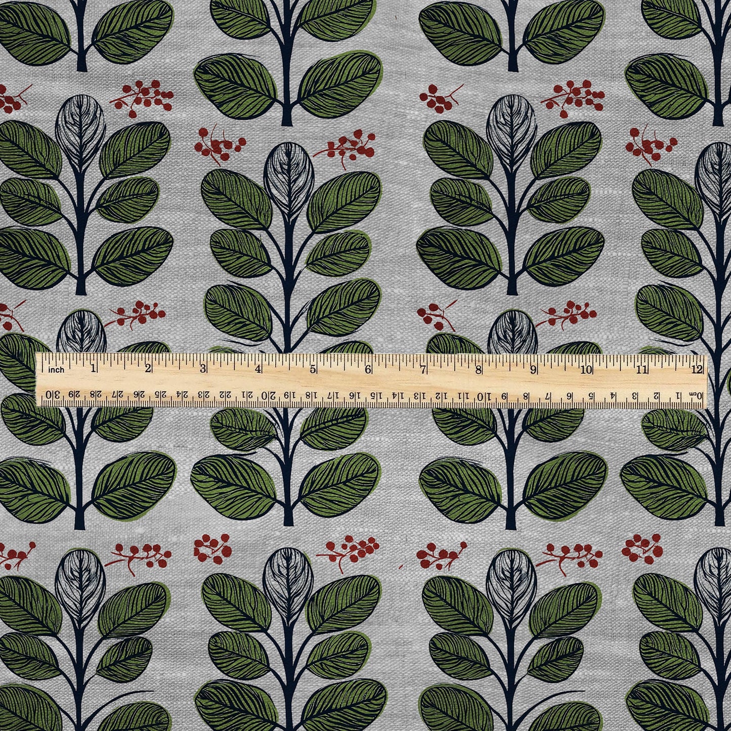 100% LINEN Fabric print green leaves print - floral botanical Mid-century Swedish print - heavy for home decor clothing 2749