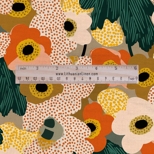 100% LINEN Fabric finnish Vantaa yellow brown green floral print - modern vintage fabric for upholstery or home decor 2835