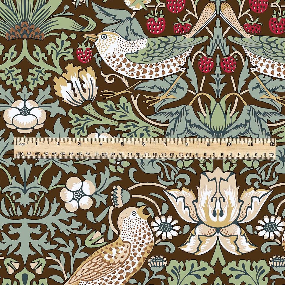 100% LINEN fabric - William Morris Strawberry thief brown green - British Victorian Art Craft flax - sewing home decor or clothing 3867