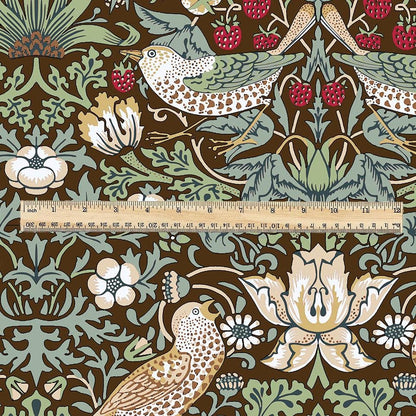 100% LINEN fabric - William Morris Strawberry thief brown green - British Victorian Art Craft flax - sewing home decor or clothing 3867