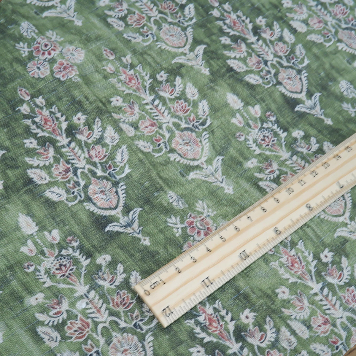 100% LINEN Fabric block print indian green 3658 - oatmeal linen fabric with green floral print decor