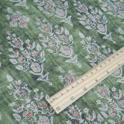 100% LINEN Fabric block print indian green 3658 - oatmeal linen fabric with green floral print decor