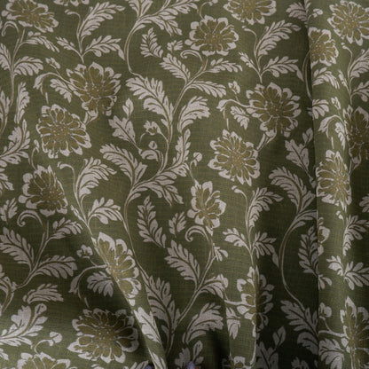 100% LINEN Fabric green floral block print on oatmeal natur linen - botanical greenery toile de jouy fabric, French linen floral upholstery