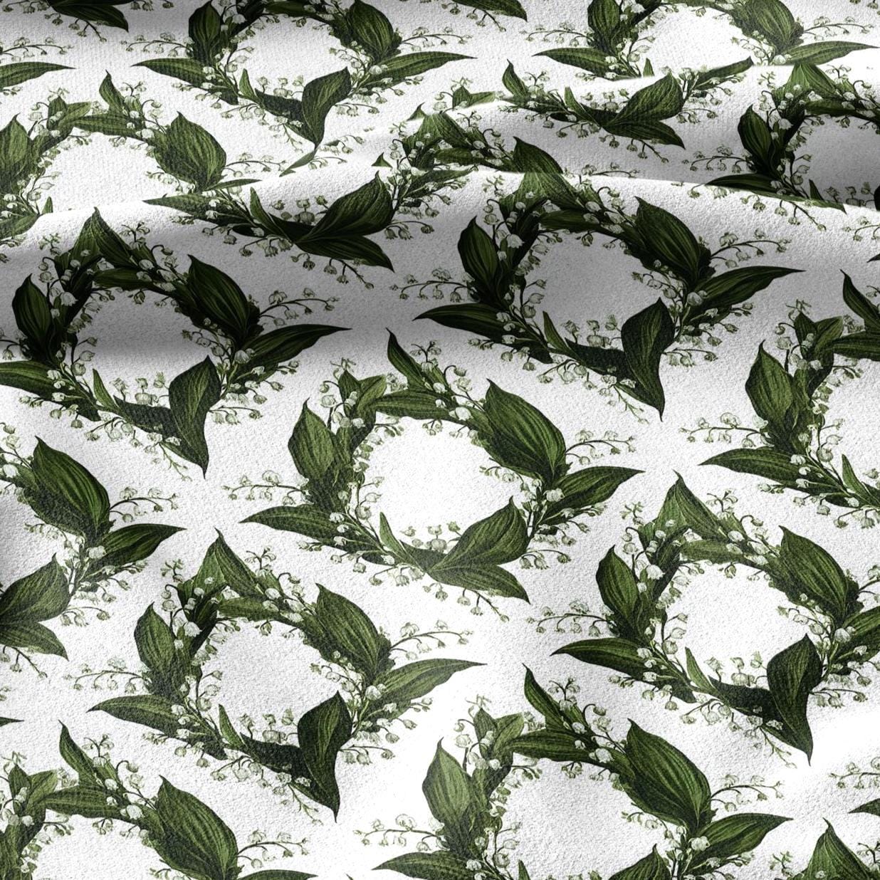 100% linen fabric floral botanical green print - Lily of the valley - Millefleurs: Vintage modern floral botanical pattern 3431
