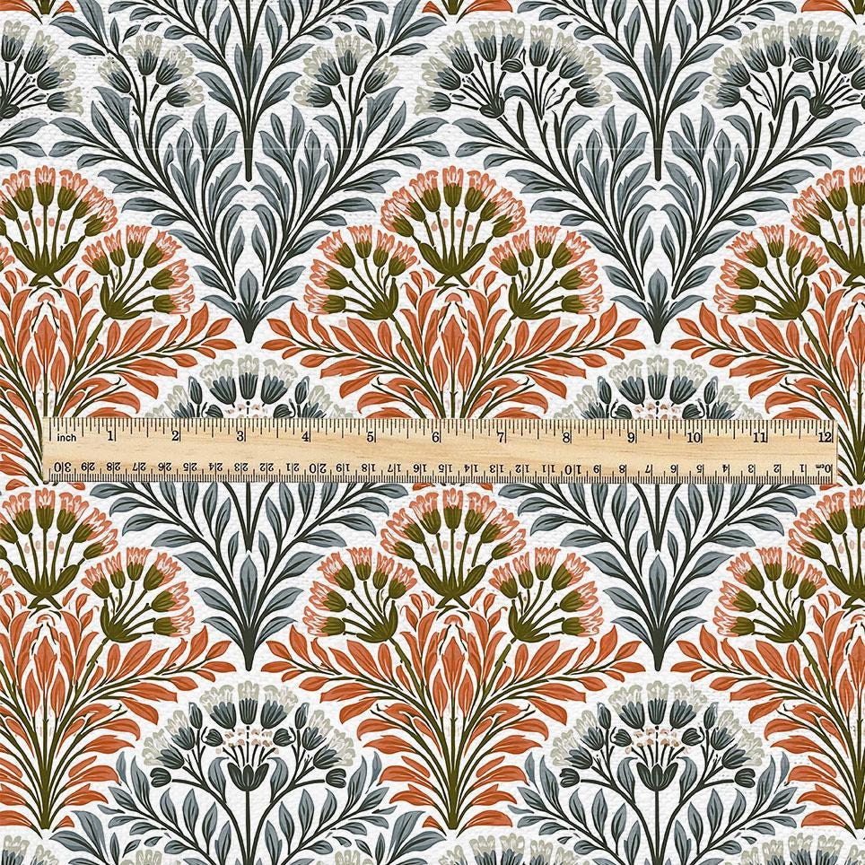 100% linen fabric floral botanical fan print - Vintage modern floral botanical pattern 3411
