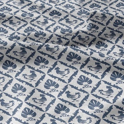 100% LINEN Fabric blue rooster farm on white linen - indigo blue countryside fabric for uphlstery heavy / medium for clothing 2581