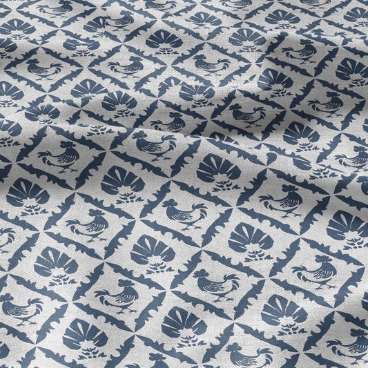 100% LINEN Fabric blue rooster farm on white linen - indigo blue countryside fabric for uphlstery heavy / medium for clothing 2581