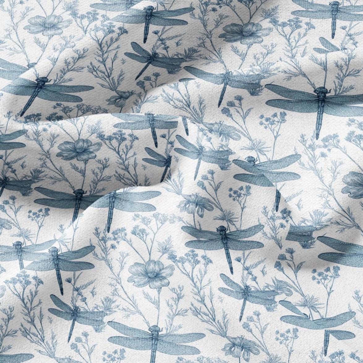 100% LINEN Fabric Dragonfly blue print  - floral upholstery home textile artisan fabrics blue white 3130