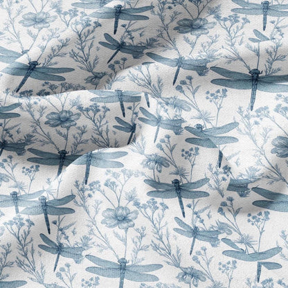 100% LINEN Fabric Dragonfly blue print  - floral upholstery home textile artisan fabrics blue white 3130