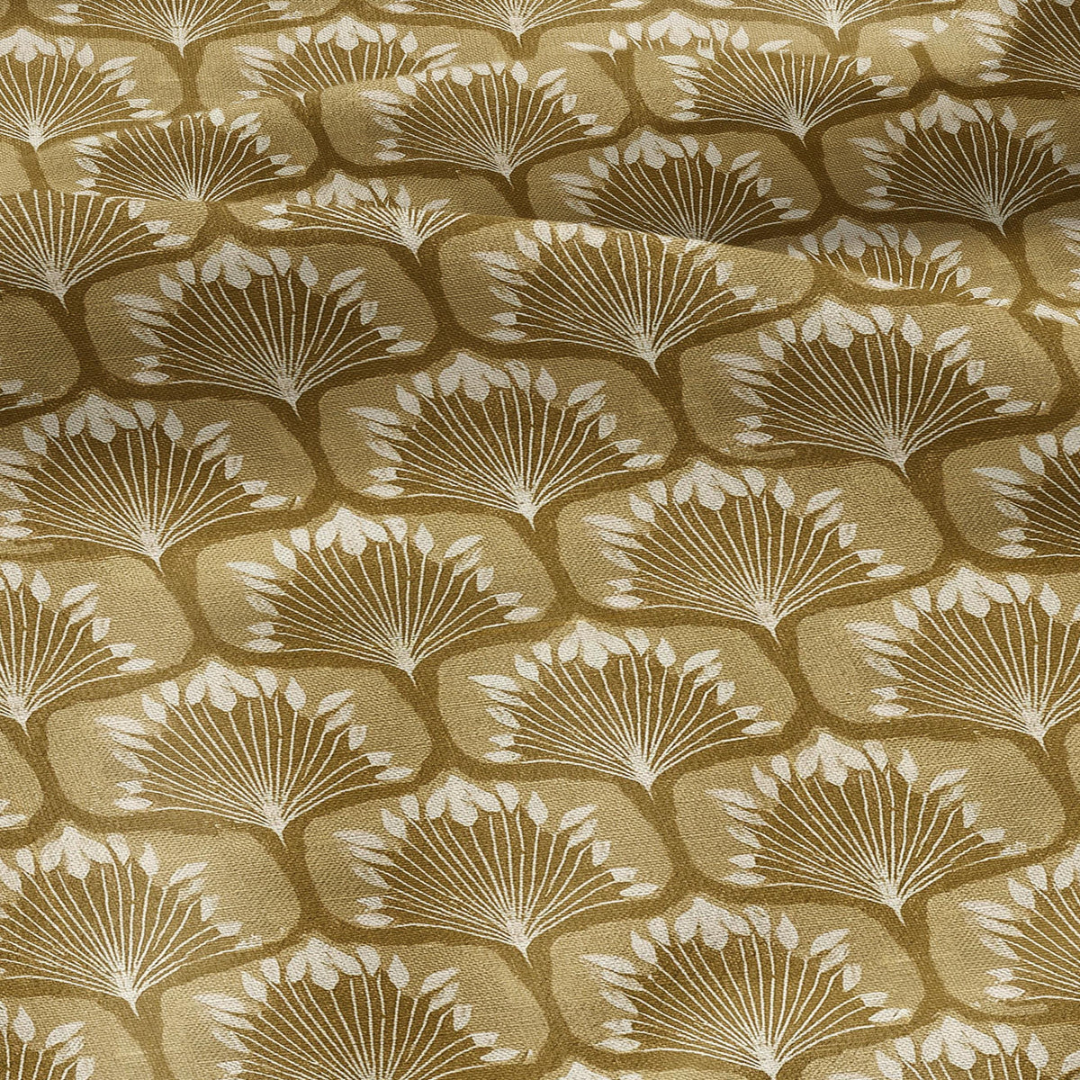 100% linen fabric retro mustard print - Mid-century botanical / 1970s Scandinavian-inspired floral 33799