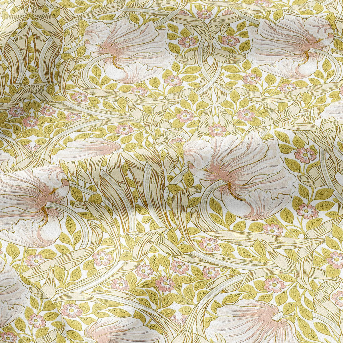 100% LINEN fabric - William Morris Pimpernel yellow pink - British Victorian Art Craft flax - sewing home decor or clothing 3837