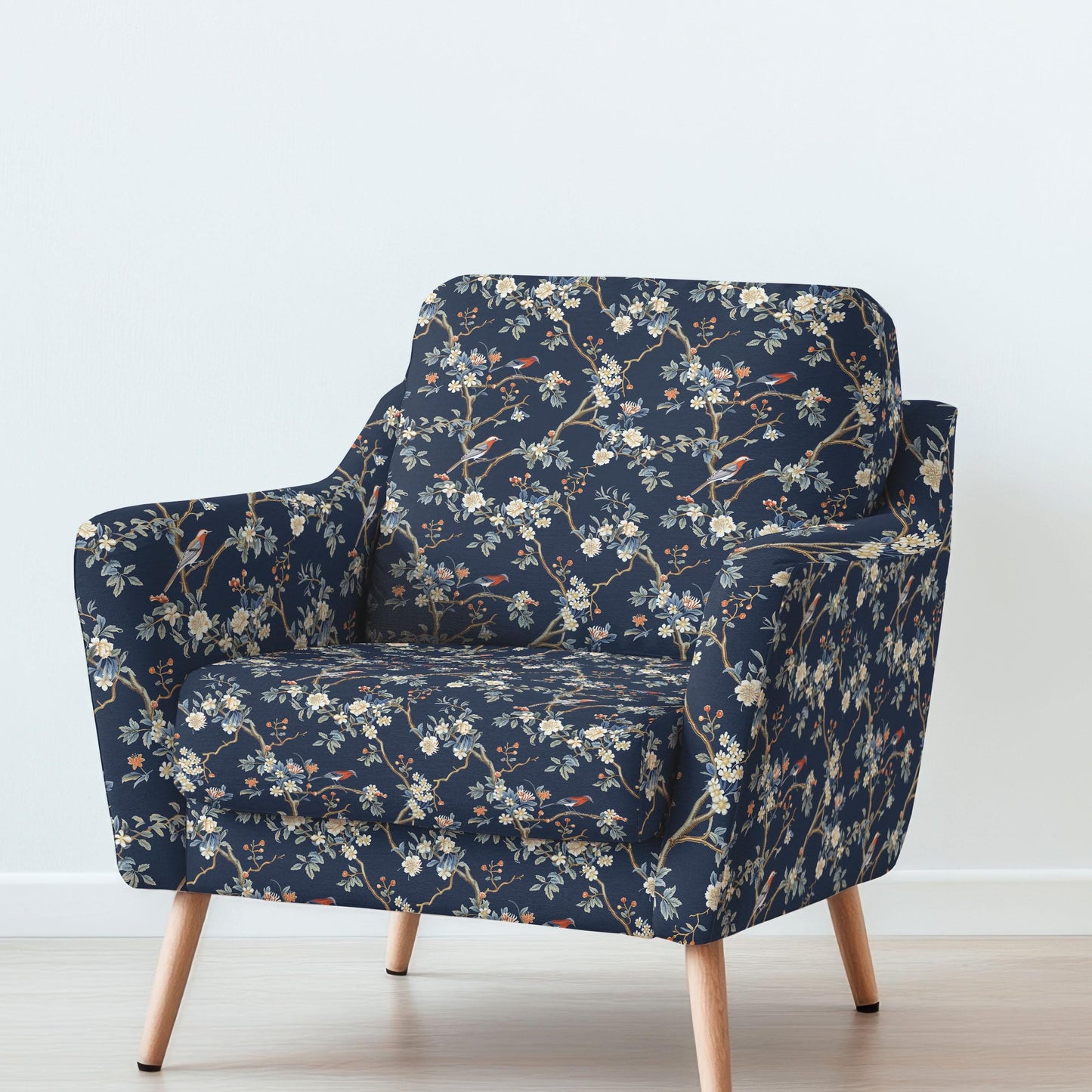 100% LINEN Fabric UPHOLSTERY 12oz - Navy blue toile de jouy brids on tree print on linen - Modern vintage pattern 2054