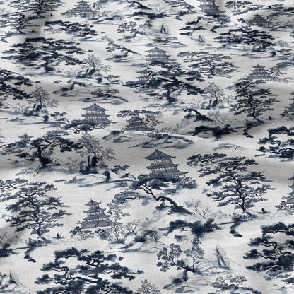 100% LINEN Fabric block print Kyoto Japan landscape - white linen fabric blue chinoiserie print - heavy linen fabric upholstery home decor