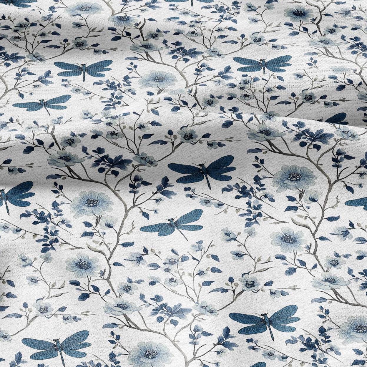 100% LINEN Fabric Dragonflies in field print - linen fabric with meadow print for upholstery home decor curtains pillowcases dress making