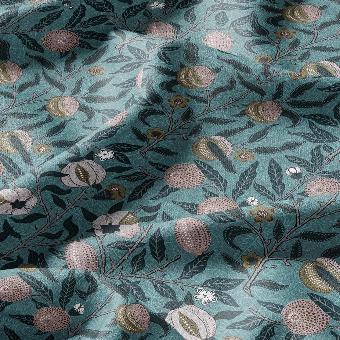 William Morris Fruits 100% LINEN Fabric - British linen floral upholstery - lemon Pomegranate home textile Victorian fabrics teal 3178