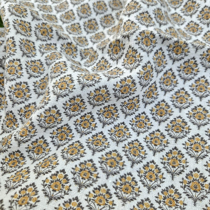 100% LINEN Fabric block print mustard brown yellow on white - heavy linen fabric upholstery home decor or medium for clothing 2513 Vadodara