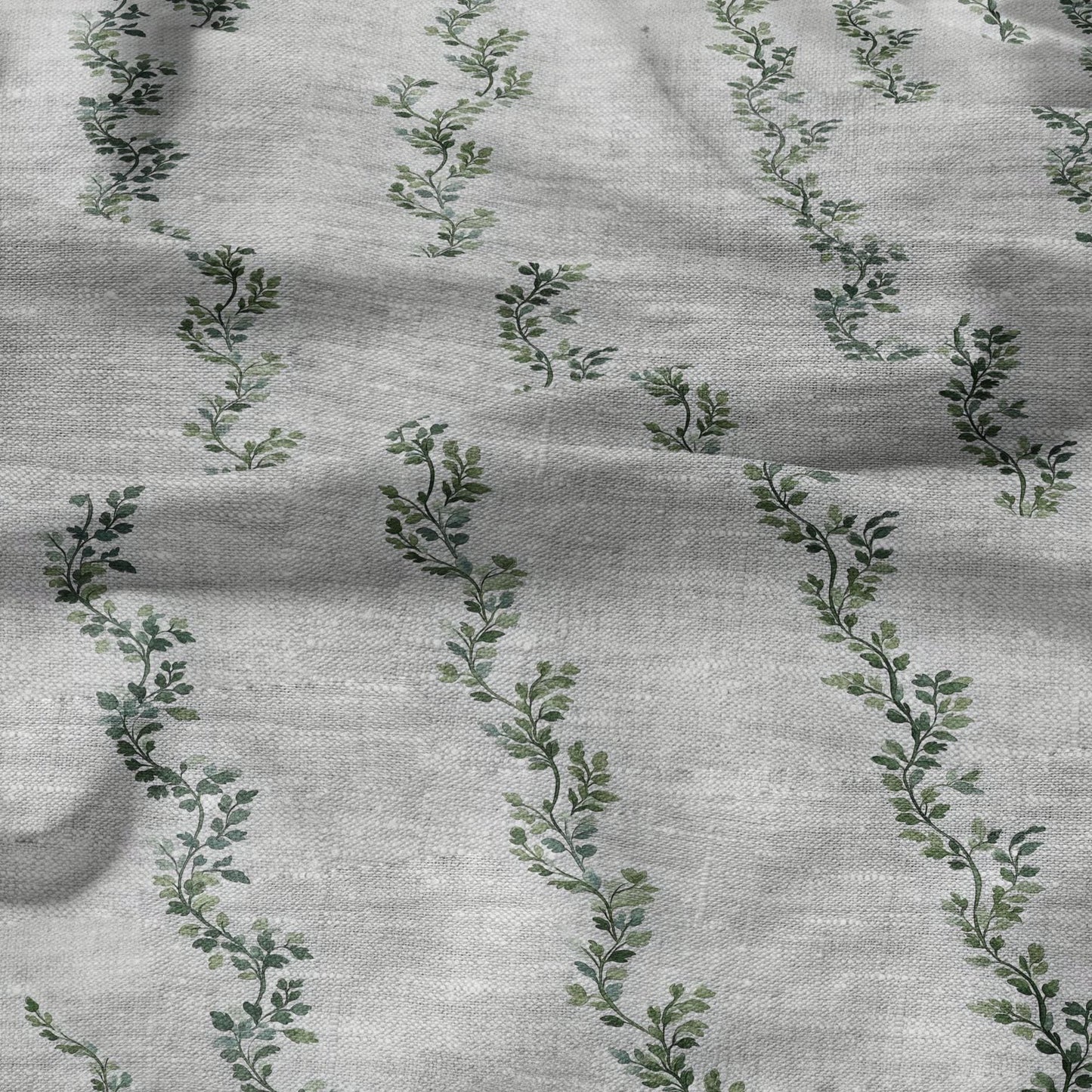 100% LINEN Fabric greenery  stripe print - oatmeal neutral fabric with green print - linen fabric upholstery home decor dressmaking 2709