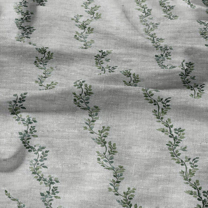 100% LINEN Fabric greenery  stripe print - oatmeal neutral fabric with green print - linen fabric upholstery home decor dressmaking 2709