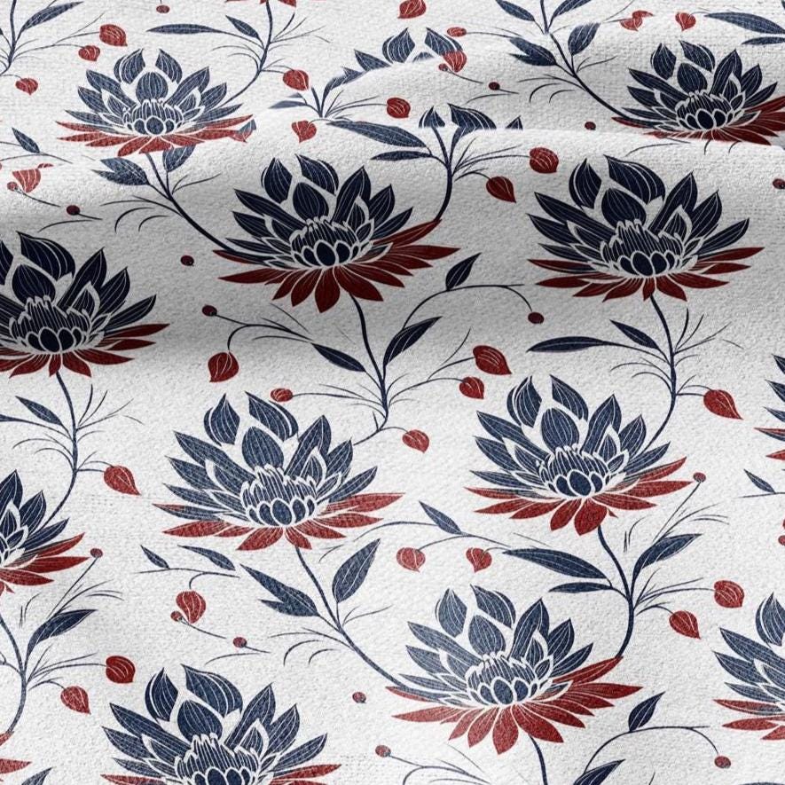 100% LINEN Fabric Block print Lotus blosoom - modern vintage botanical flower upholstery home textile artisan blue red white 2322