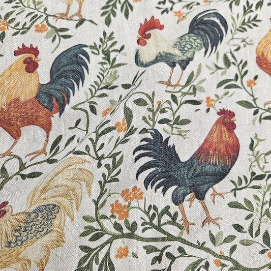 100% LINEN Fabric blue rooster farm on white linen - indigo blue countryside fabric for uphlstery heavy / medium for clothing 2266