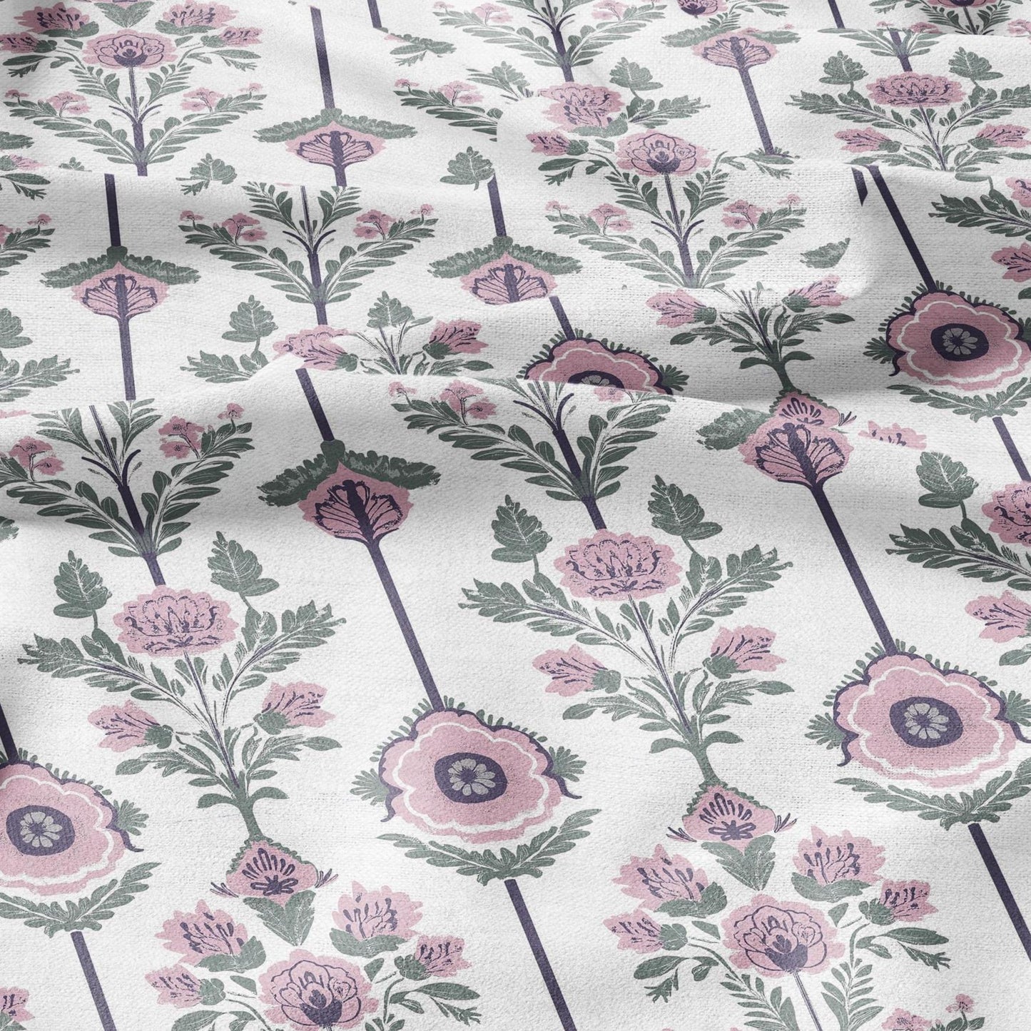 100% LINEN Fabric oriental print - preppy pink green white floral block print - upholstery home decor clothing sewing 2861